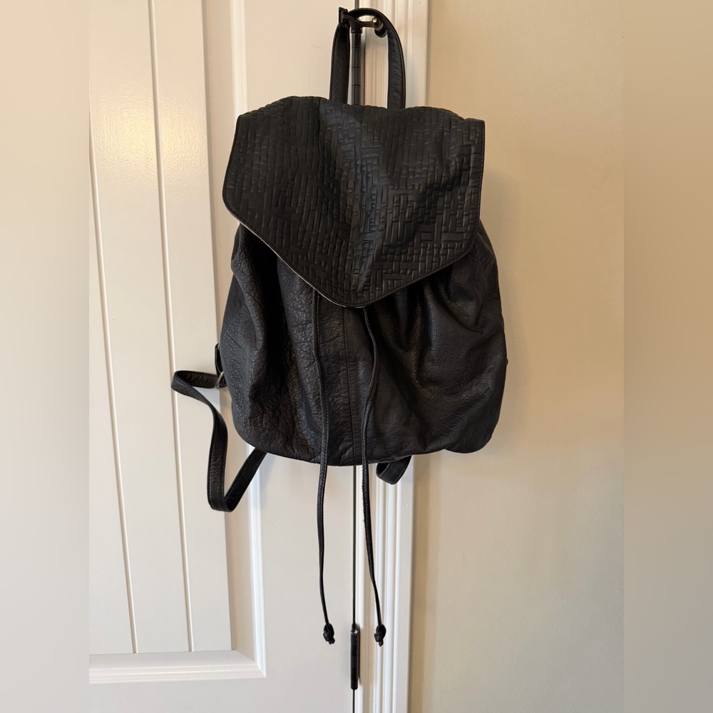 Anthropologie Day & Mood Leather Black Textured Flap Drawstring Backpack